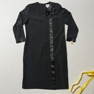 Vintage Brownstone Studio Black Bow Dress 12P Satin Trim Midi Long Sleeve